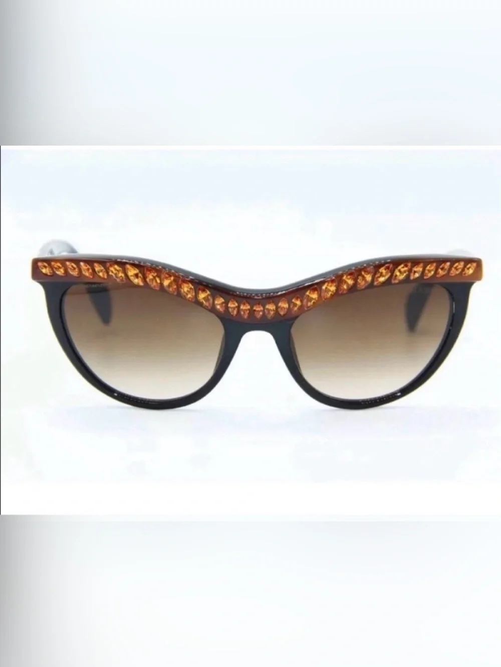 Women's PRADA Black Cat-Eye Sunglasses with Amber Crystal Trim